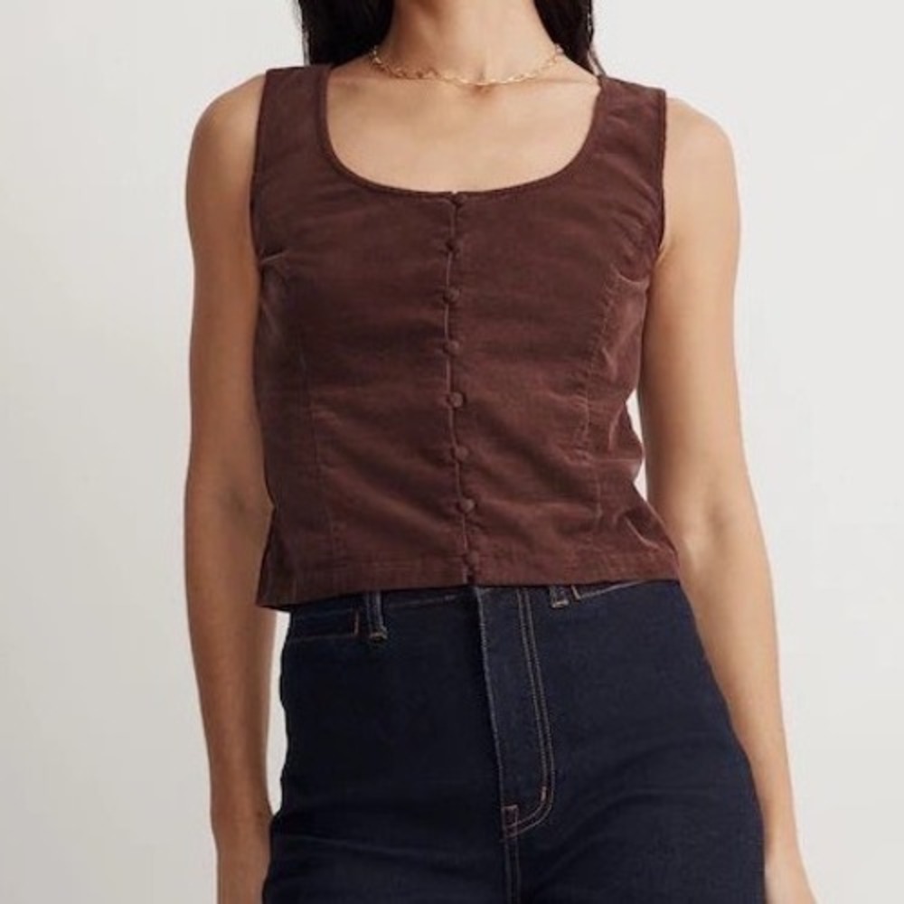 Madewell Corduroy Sleeveless Crop Top Button Front Tank Chocolate Raisin - Small